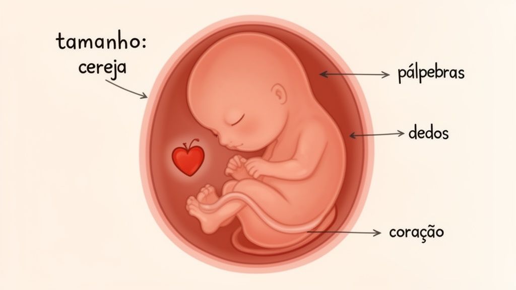 Ilustração de feto no útero com pálpebras, dedos e coração indicados. Tamanho comparado a uma cereja.