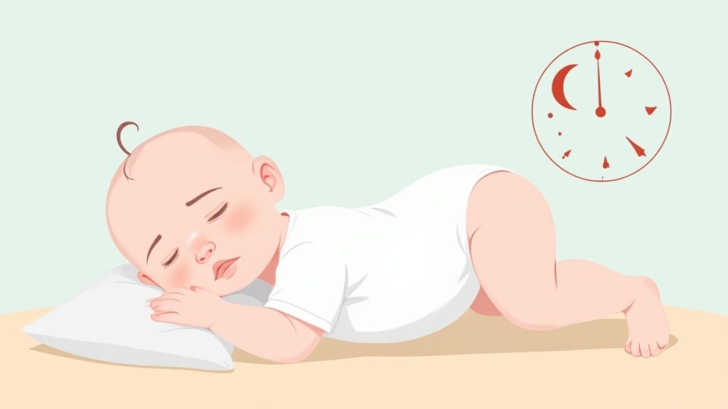 Bebê dormindo tranquilamente de bruços em um traveleiro com um relógio indicando a noite ao fundo.