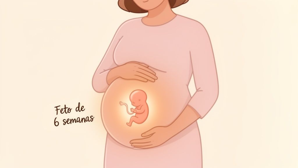 Uma ilustração de uma mulher grávida com um feto de 6 semanas visível e brilhante em sua barriga.