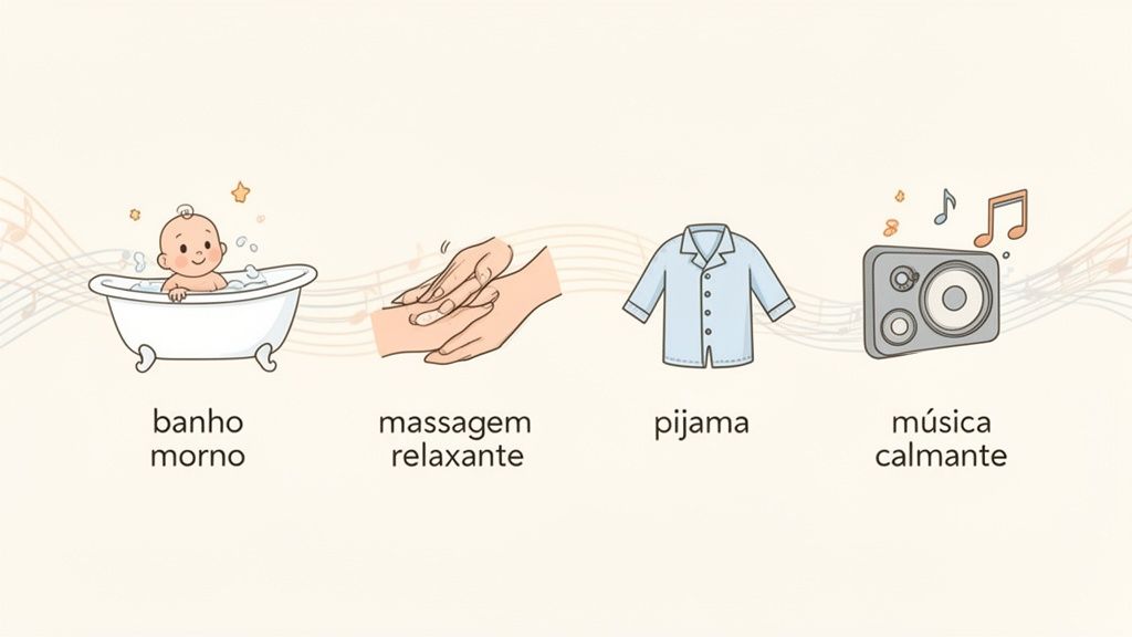 Quatro ilustrações para acalmar um bebê: banho morno, massagem relaxante, pijama e música suave.
