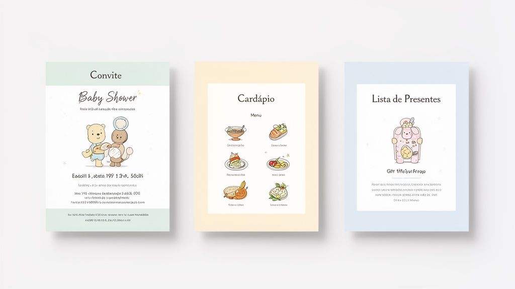 Três cartões de chá de bebê em tons pastel: convite com ursinhos, cardápio com pratos e lista de presentes.