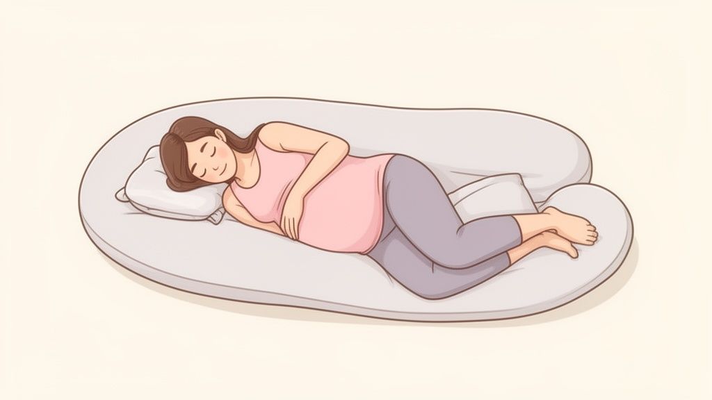 Mulher grávida dormindo confortavelmente de lado em um travesseiro de corpo. Posição ideal para alívio da dor na lombar.