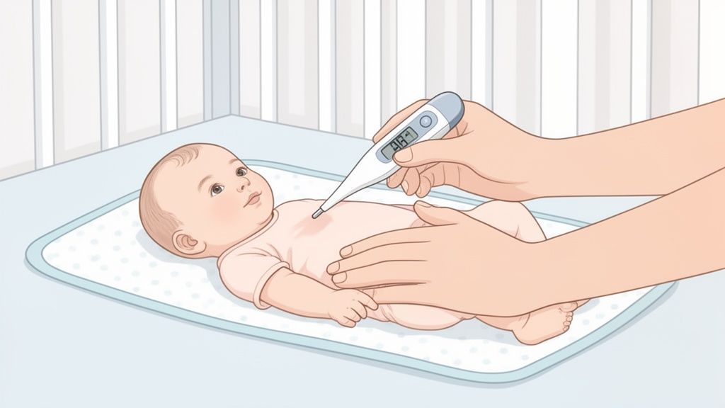 Mãos de adulto medindo a temperatura de um bebê deitado com um termômetro digital, indicando febre.