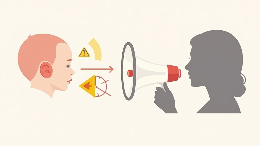 Silhueta de adulto com megafone apontado para bebê, com símbolos de alerta de ruído e tempo entre eles.
