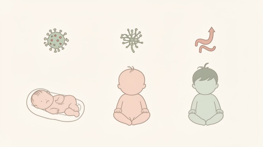 Ilustração de três cenários com vírus/símbolos e bebês, representando saúde infantil e doenças respiratórias.