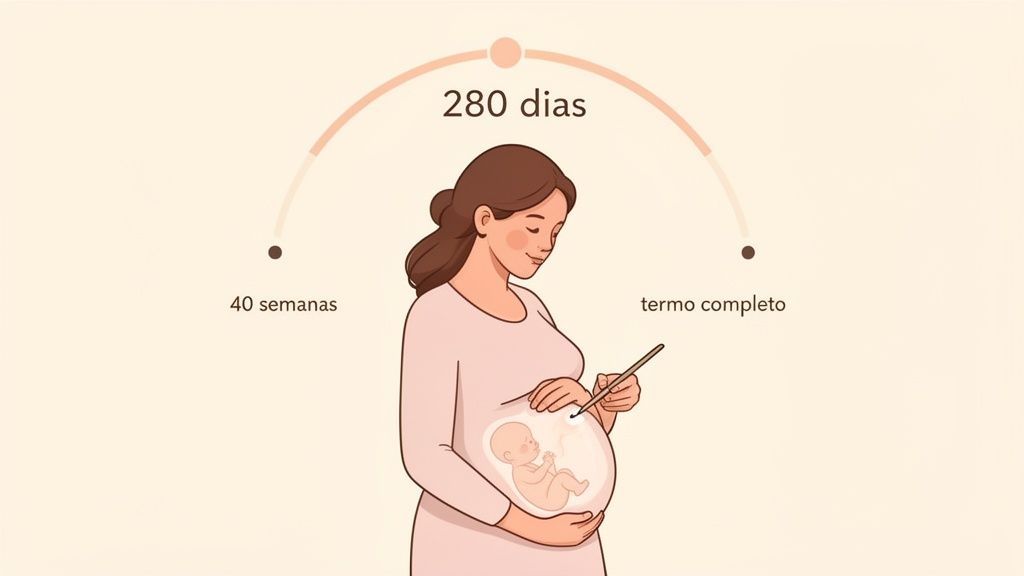 Uma mulher grávida sorrindo, com um bebê visível na barriga, e um gráfico mostrando 280 dias ou 40 semanas de gestação.