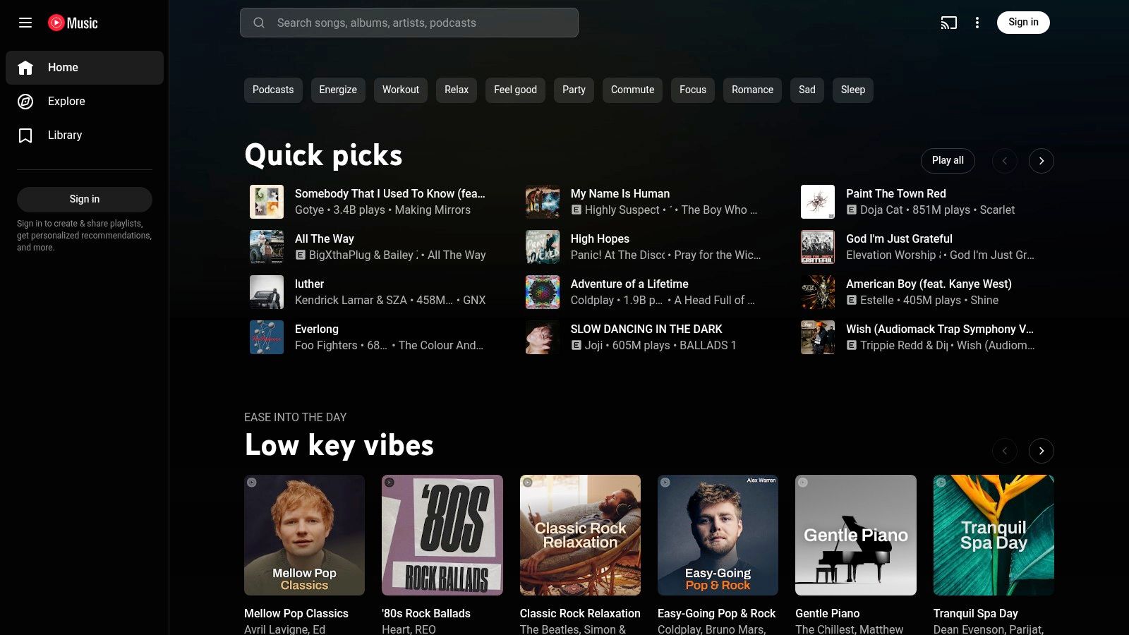 Interface do YouTube Music com playlists de músicas para dormir