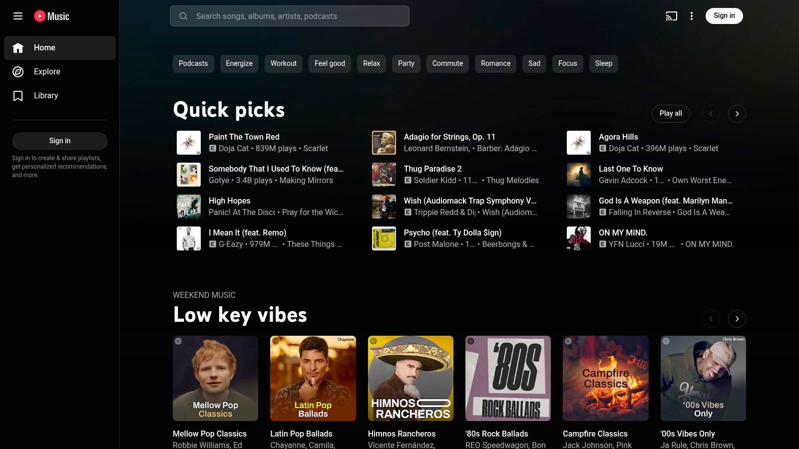 Interface do YouTube Music com playlists para bebês