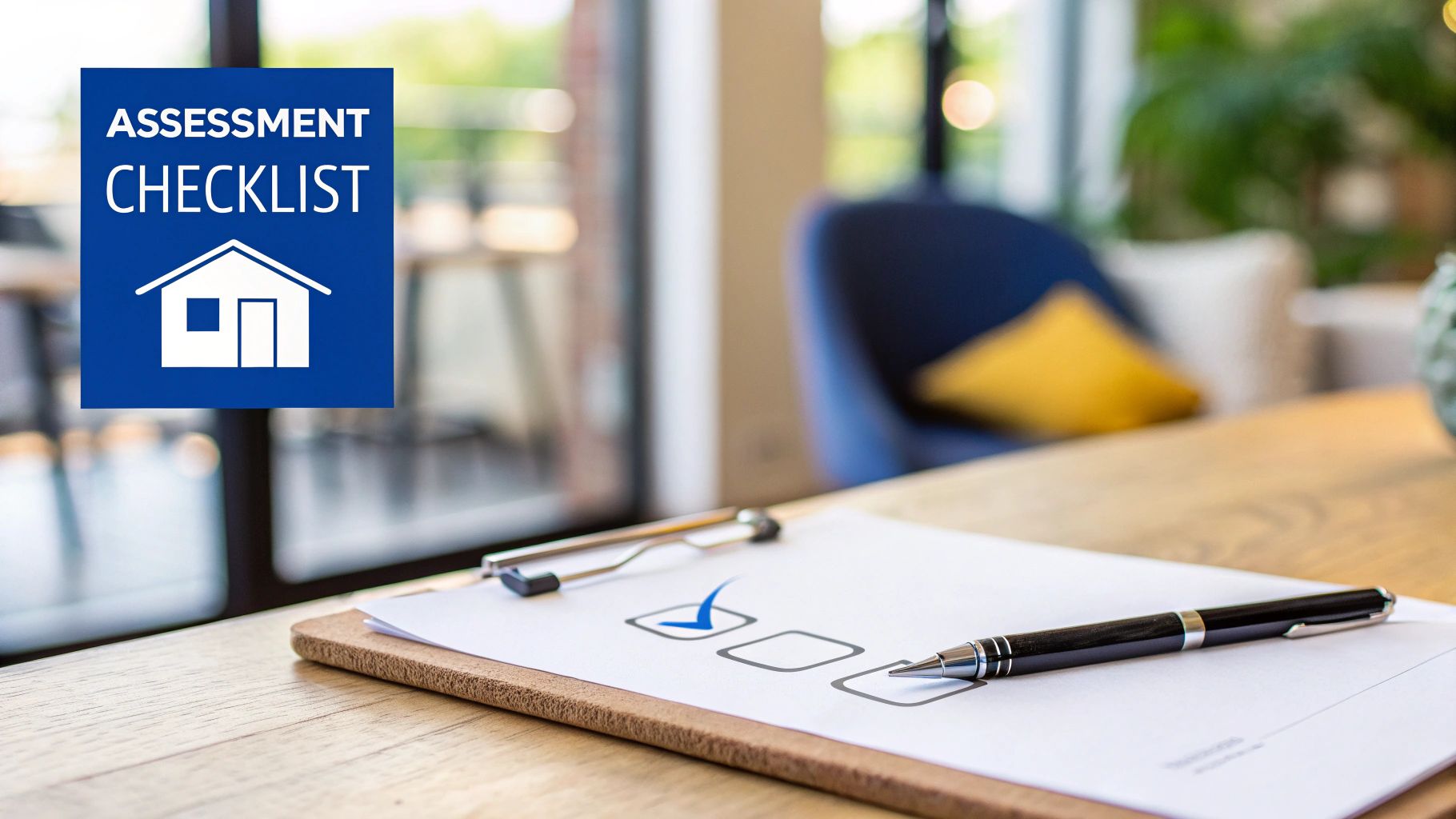 A clipboard with an assessment checklist and a pen, featuring a blue house icon.