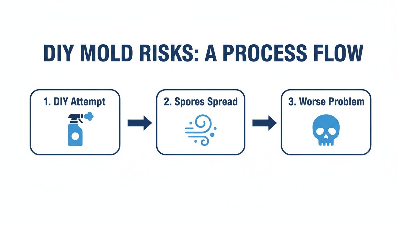 A flow chart illustrating the risks of DIY mold removal, leading to spore spread and a worse problem.