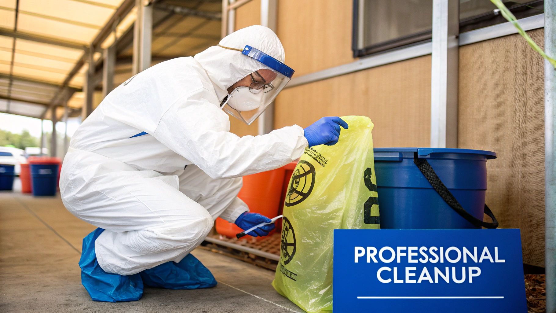 Person in white hazmat suit, face shield, and blue gloves handles a yellow biohazard bag during professional cleanup.