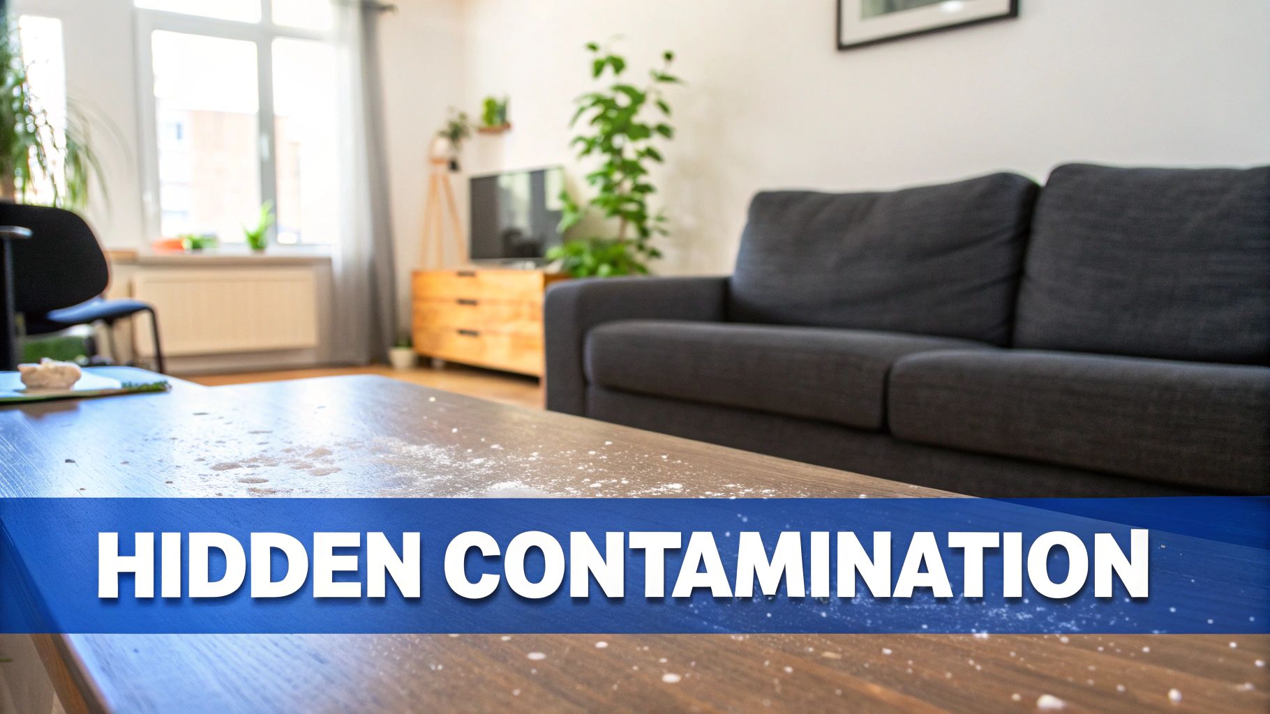 A coffee table covered in white powder and dust in a living room, with a text overlay 'HIDDEN CONTAMINATION'.