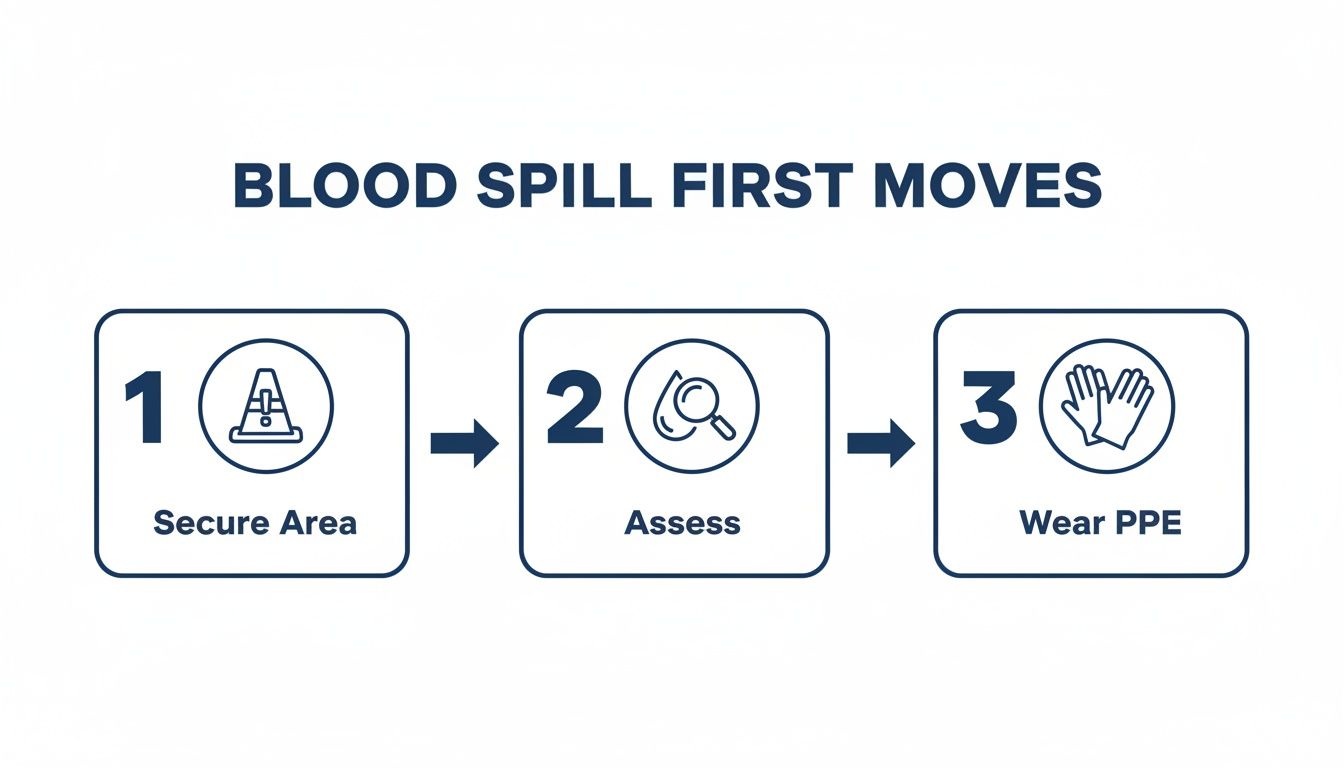 Infographic illustrating the first three steps for blood spill cleanup: secure area, assess, and wear PPE.