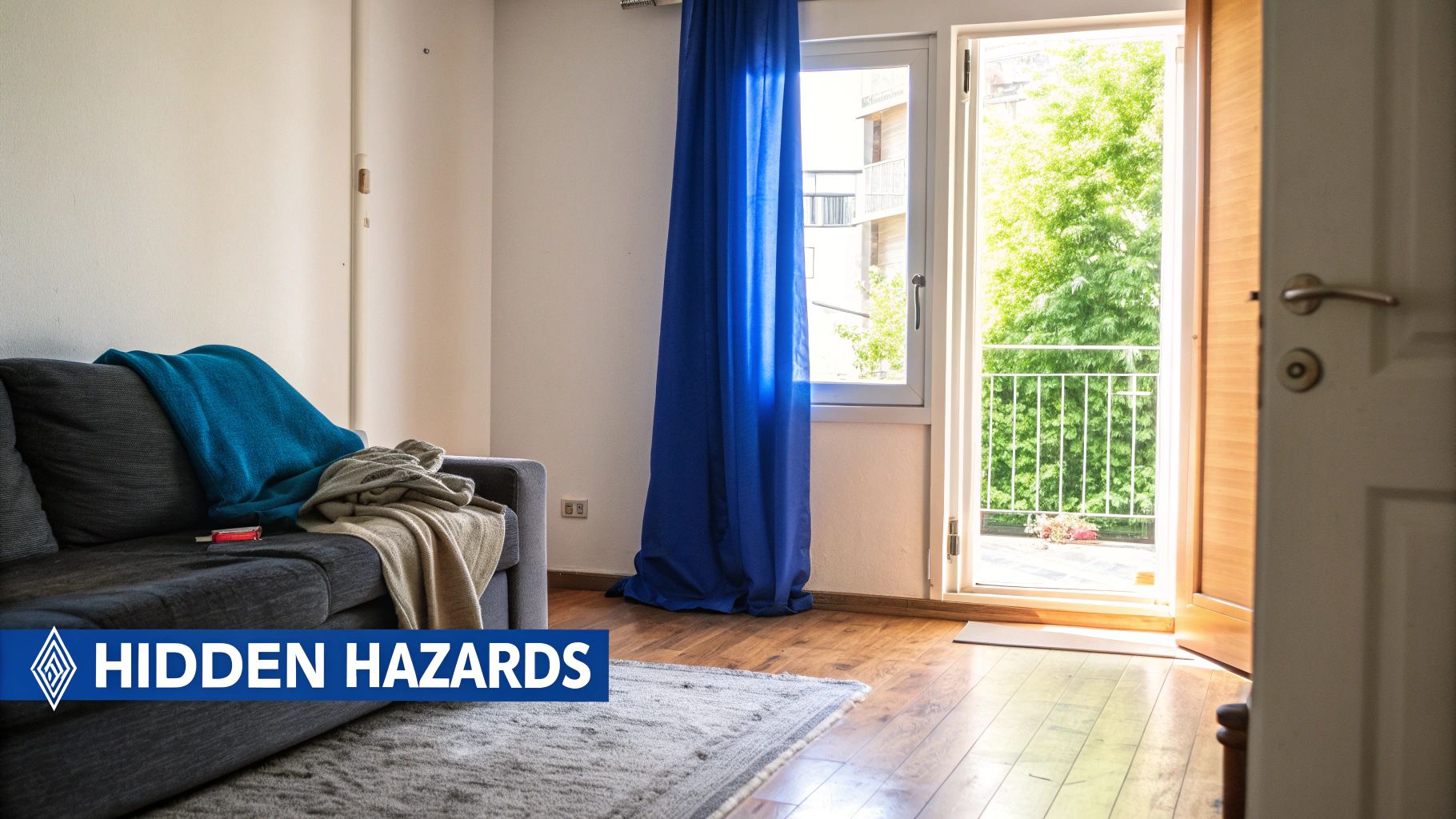 A domestic living space with a cluttered couch, blankets, and a red knife, next to a window and open balcony door.