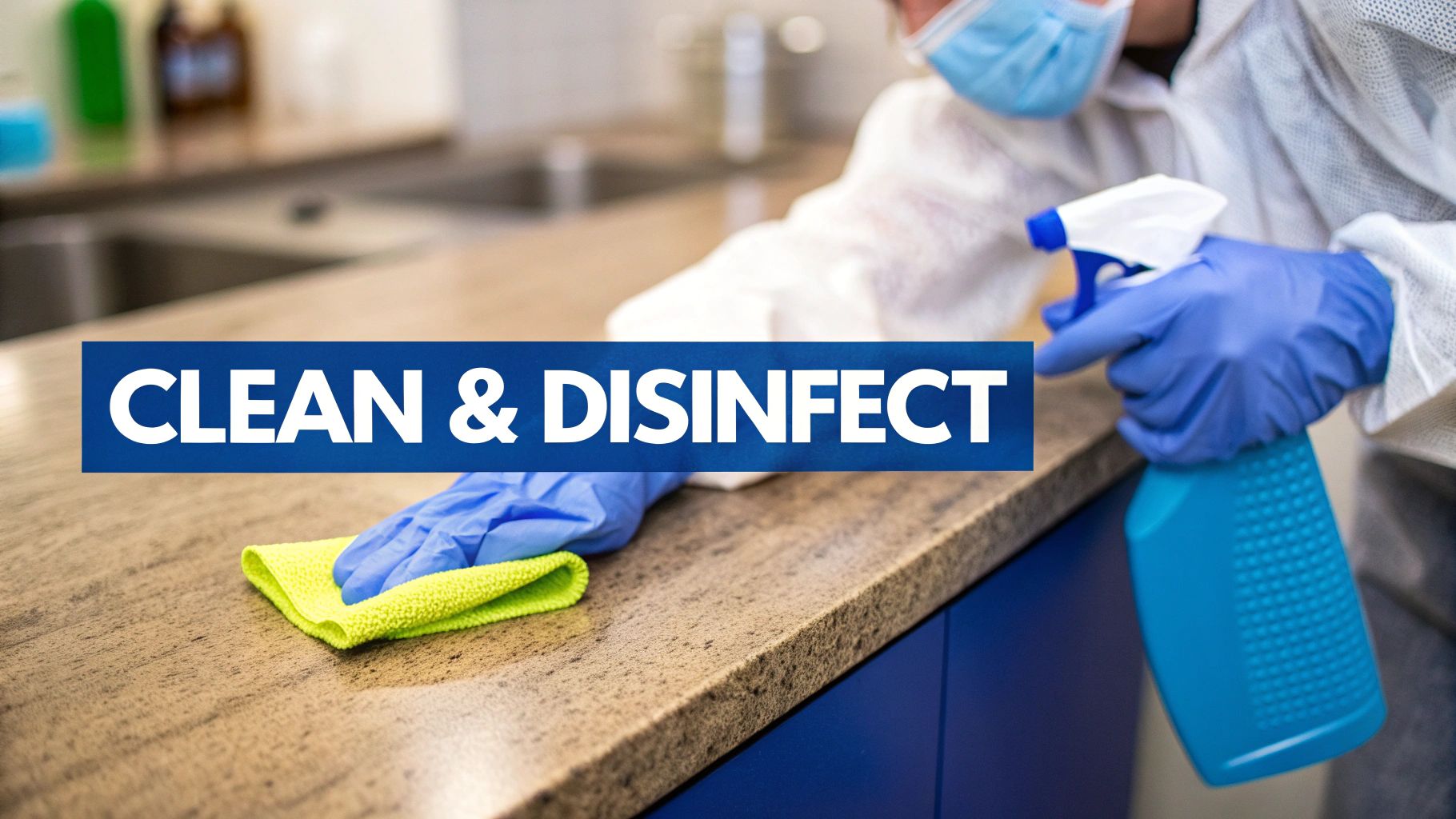 A person in blue gloves and a mask cleaning a kitchen counter with a spray and cloth, promoting 'CLEAN & DISINFECT'.