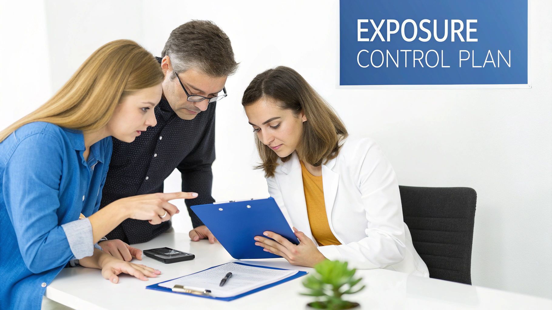 Professionals discuss an "EXPOSURE CONTROL PLAN" in an office, focusing on risk prevention.