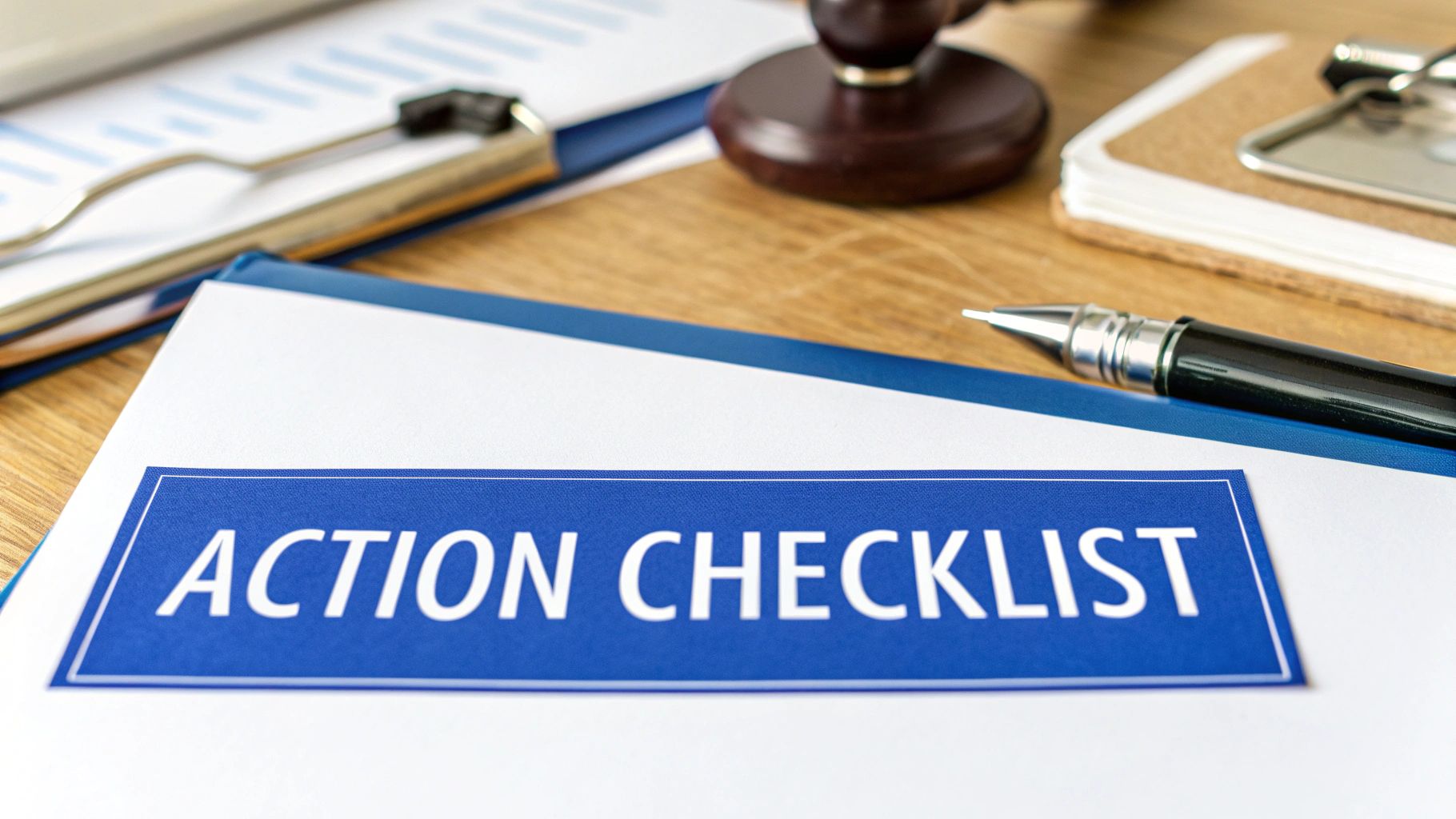 Close-up of an 'ACTION CHECKLIST' document on a blue folder with a pen and gavel.