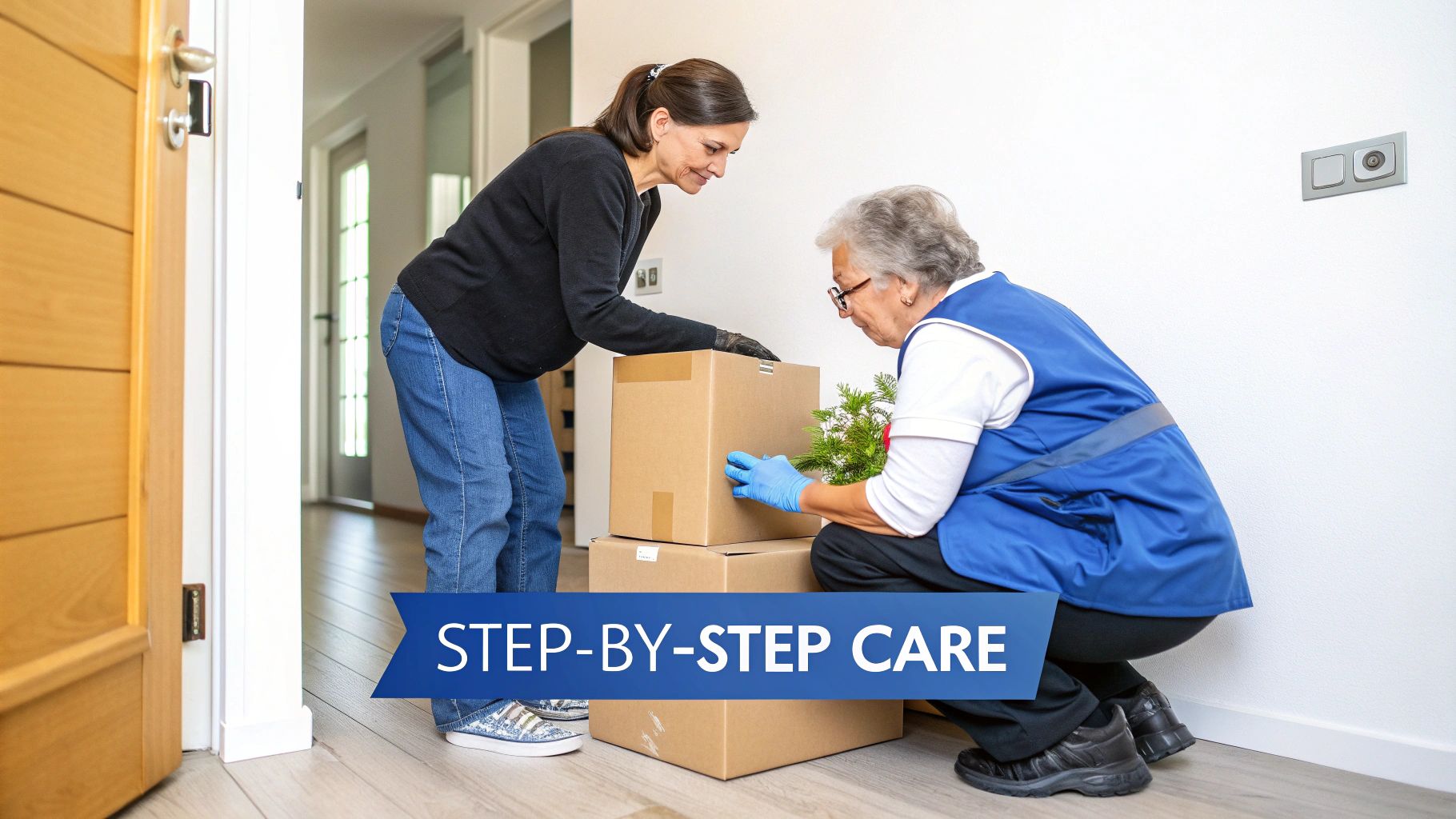 Two women, one a caregiver, carefully organize cardboard boxes, helping with home support.