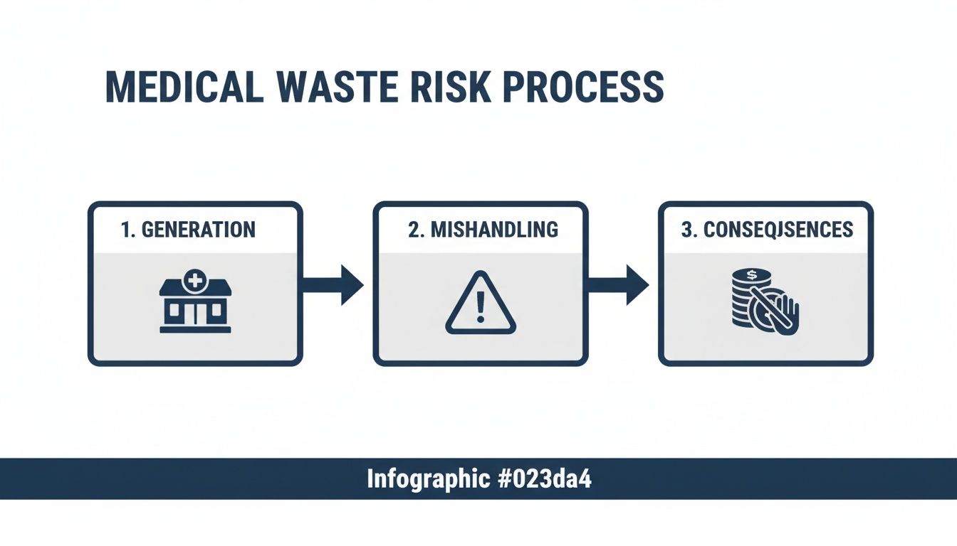 Infographic illustrating the medical waste risk process from generation and mishandling to consequences.