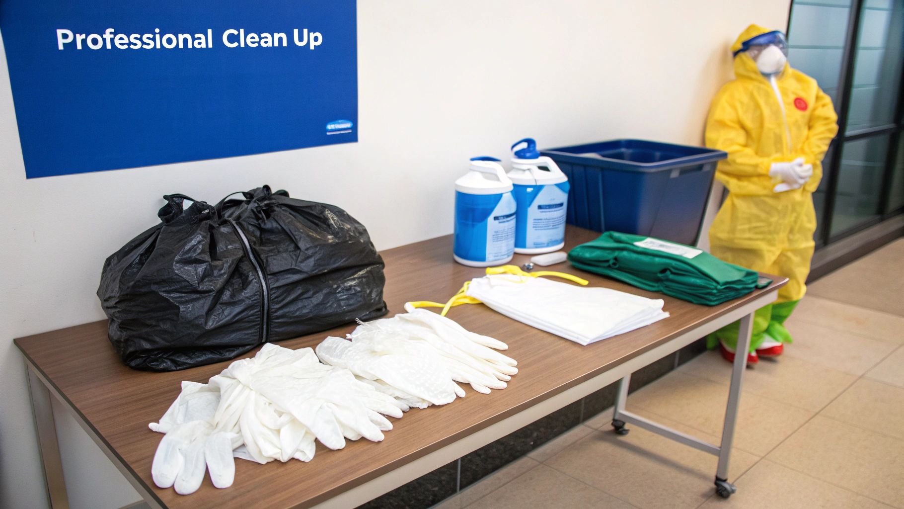 A table with biohazard cleanup supplies, including gloves, masks, and a person in a hazmat suit.