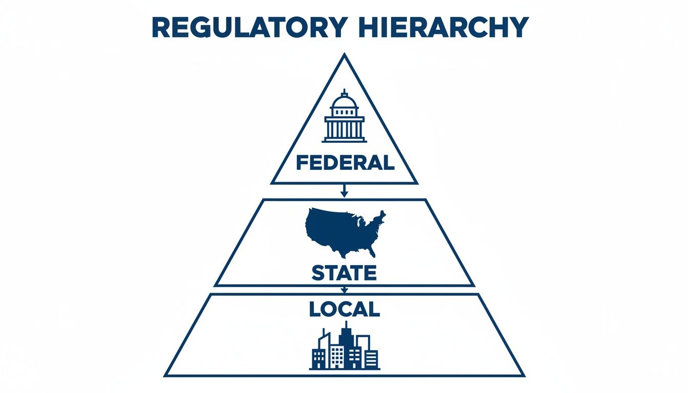 A regulatory hierarchy pyramid showing Federal, State, and Local levels with respective icons.