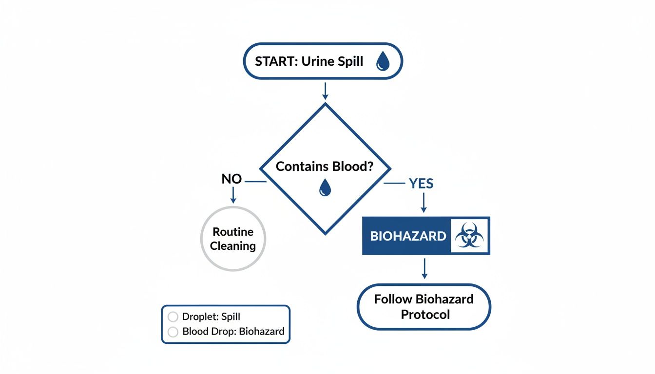 Flowchart illustrating urine spill management, identifying biohazard risks if blood is present.