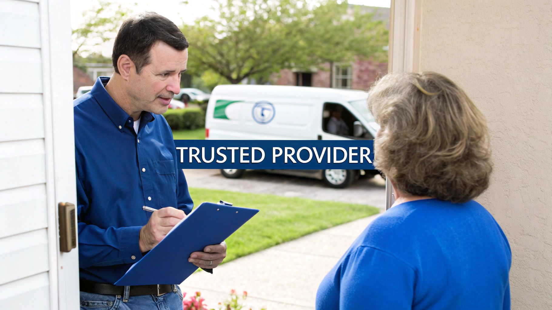 A service professional in a blue shirt talks to a woman at her front door with a service van visible.
