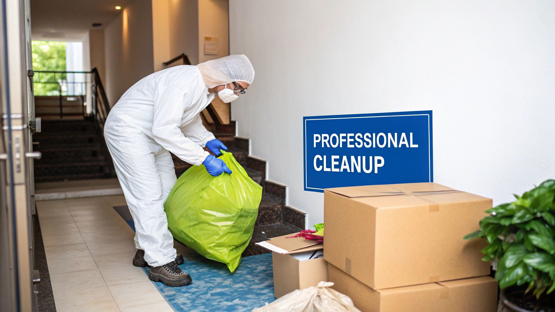A professional cleaner in protective gear collects trash in a green bag in a hallway.
