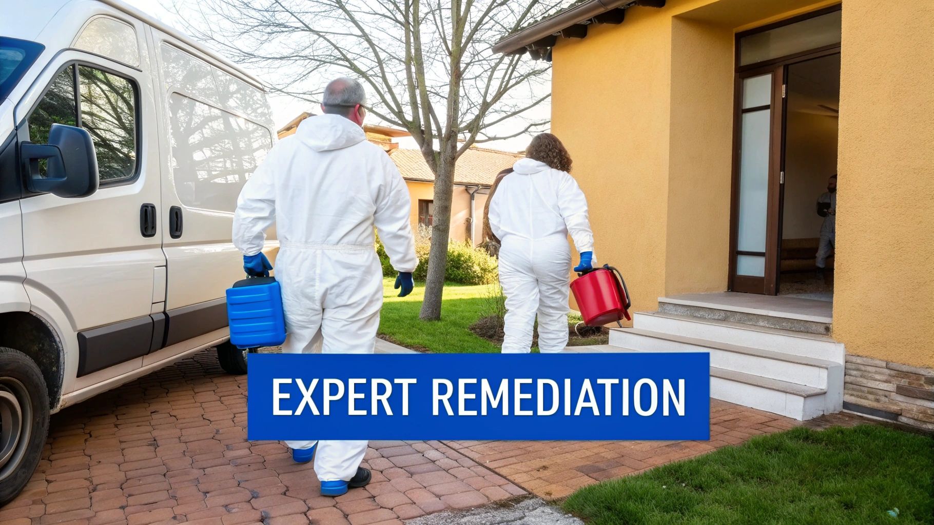 Two professional workers in white hazmat suits carrying remediation equipment walking towards a house entrance.