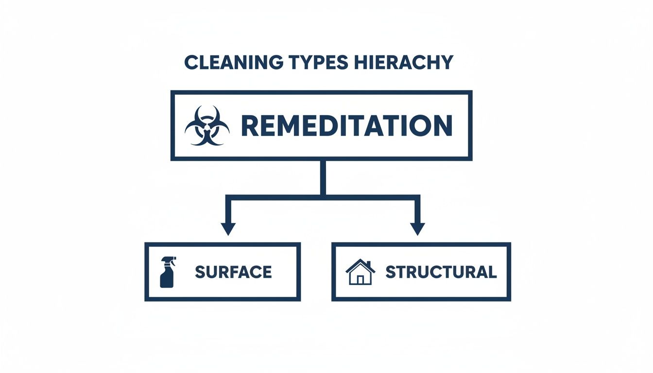 A hierarchy chart showing Cleaning Types. Remediation is at the top, branching into Surface and Structural cleaning.
