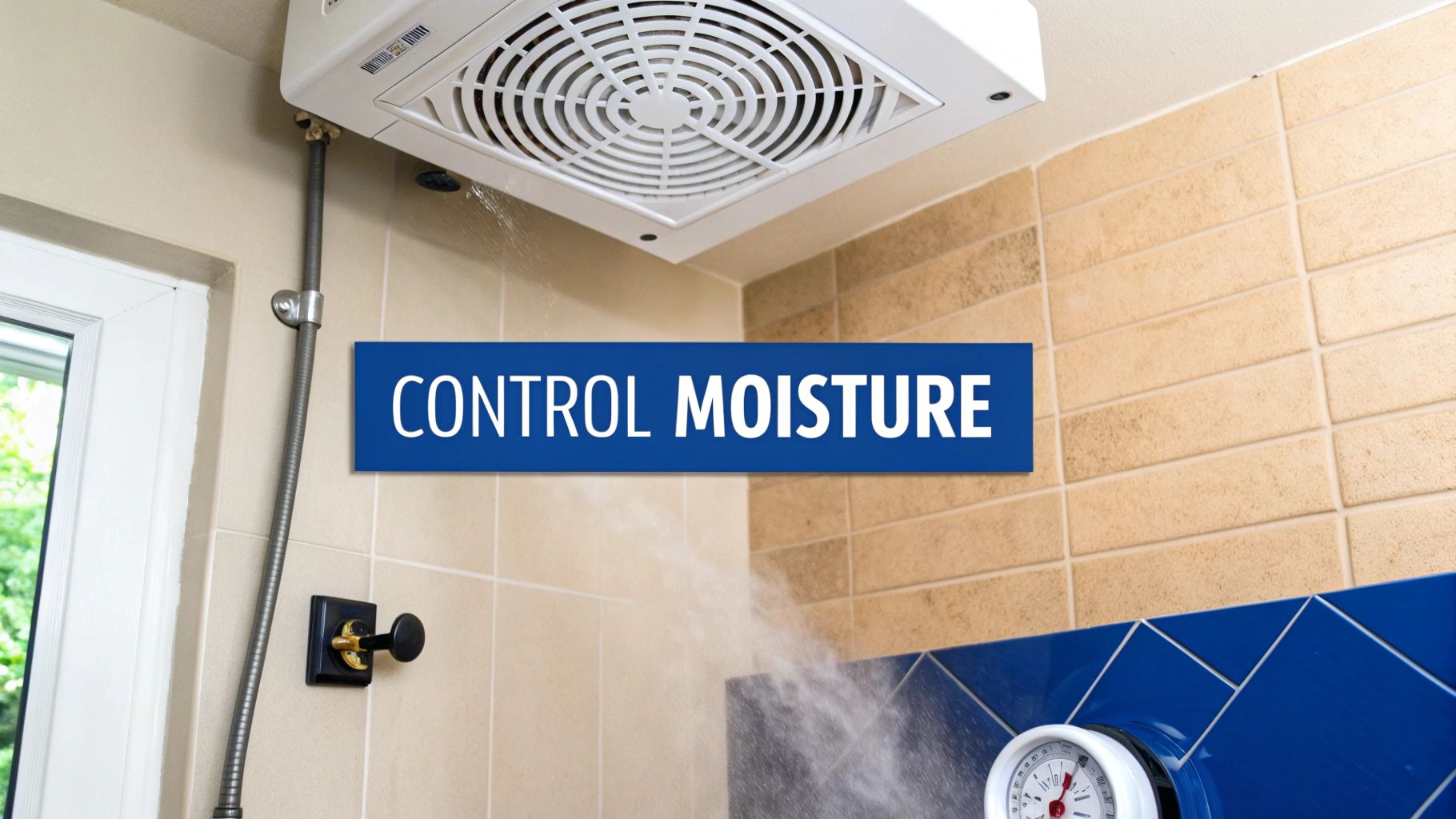 A bathroom ceiling exhaust fan with steam and a 'CONTROL MOISTURE' banner, preventing mold.