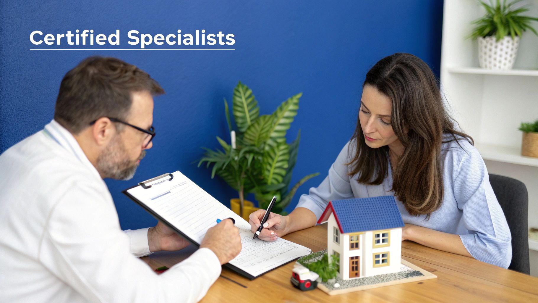 Certified specialists assist a woman signing documents at a desk with a model house and plants.