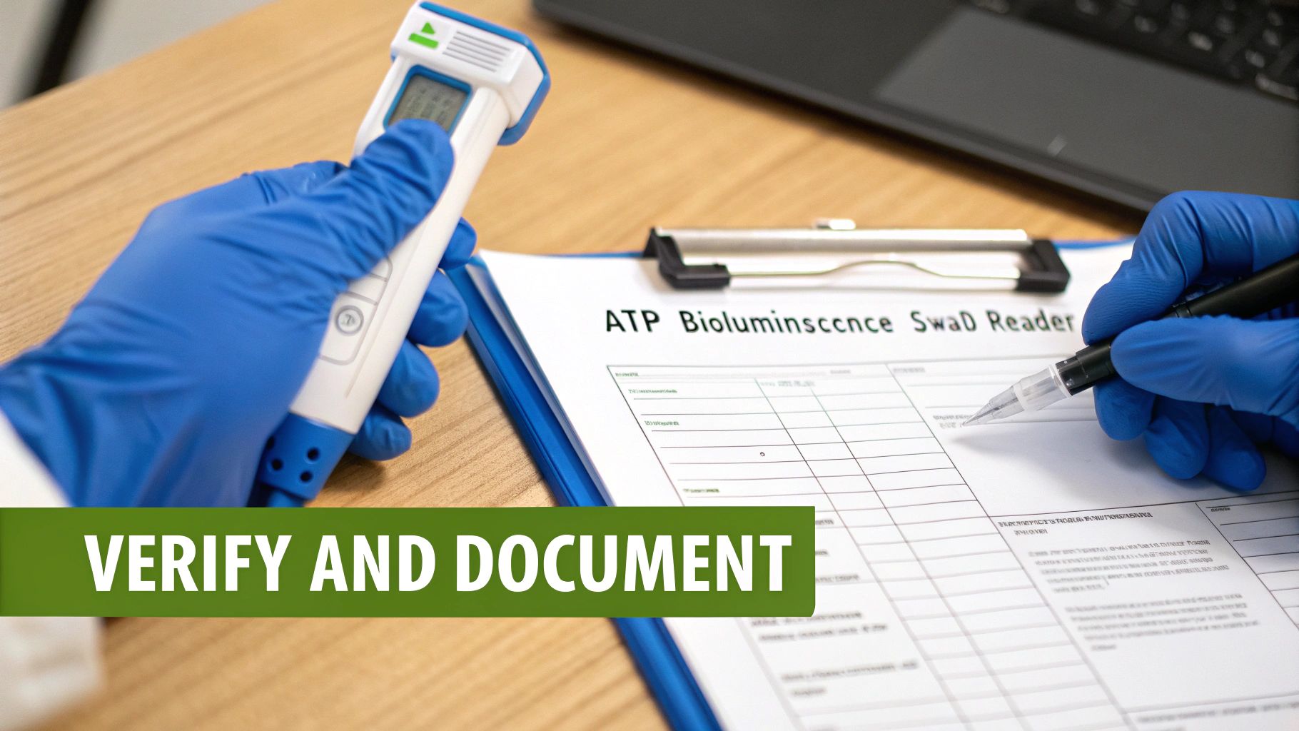 Gloved hands verify readings with an ATP bioluminescence device and document results on a log sheet.
