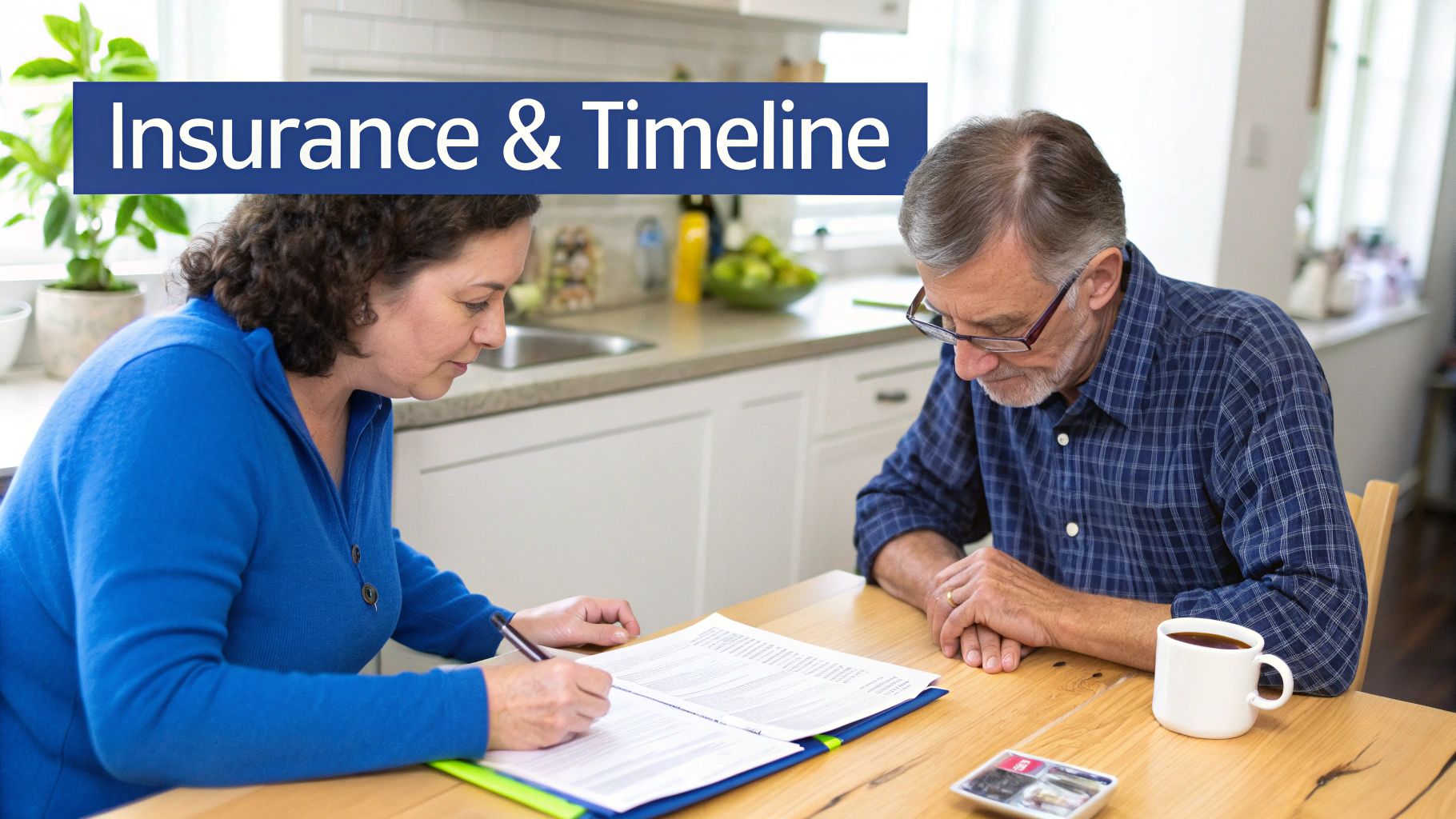 A woman and a man review documents about insurance at a kitchen table.