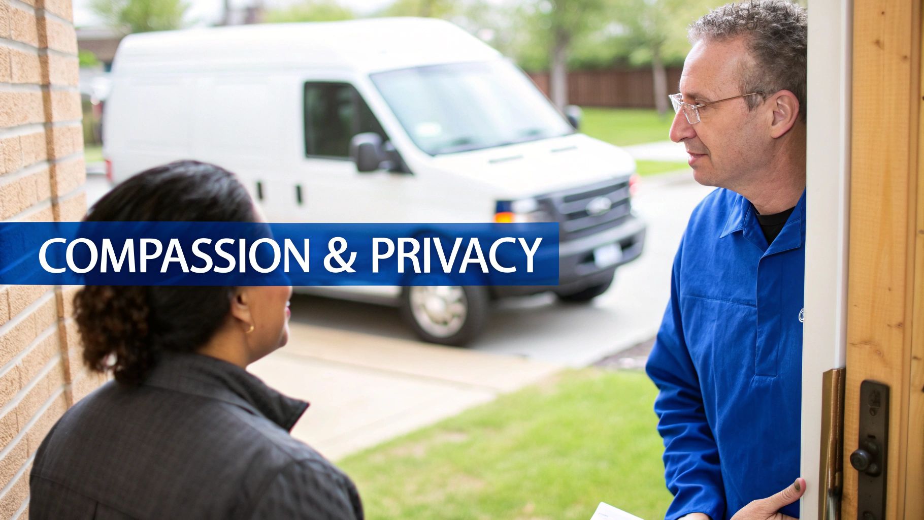 A service man in blue uniform talks to a woman at her doorway, with a white van nearby, promoting compassion and privacy.