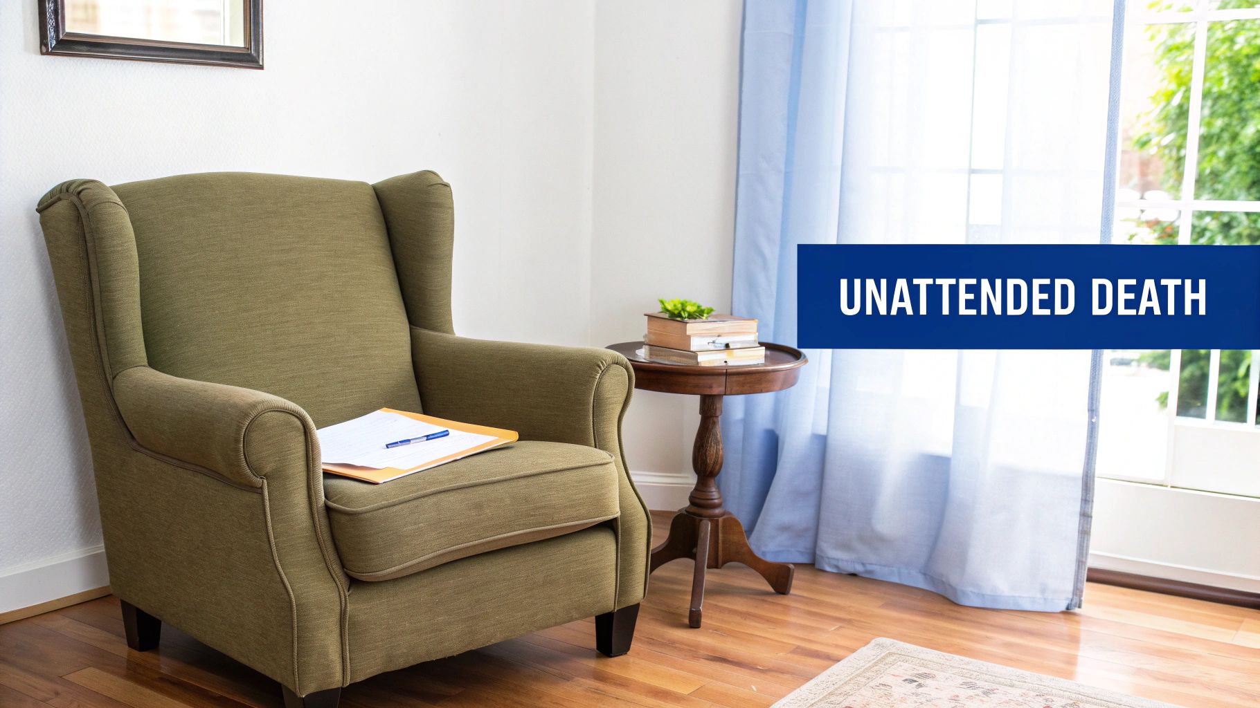 A quiet room with an empty green armchair, a side table, and a window.