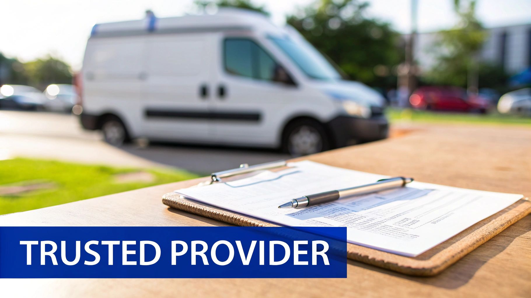 Clipboard with a pen on a wooden surface, a blurred white delivery van in the background, trusted provider.