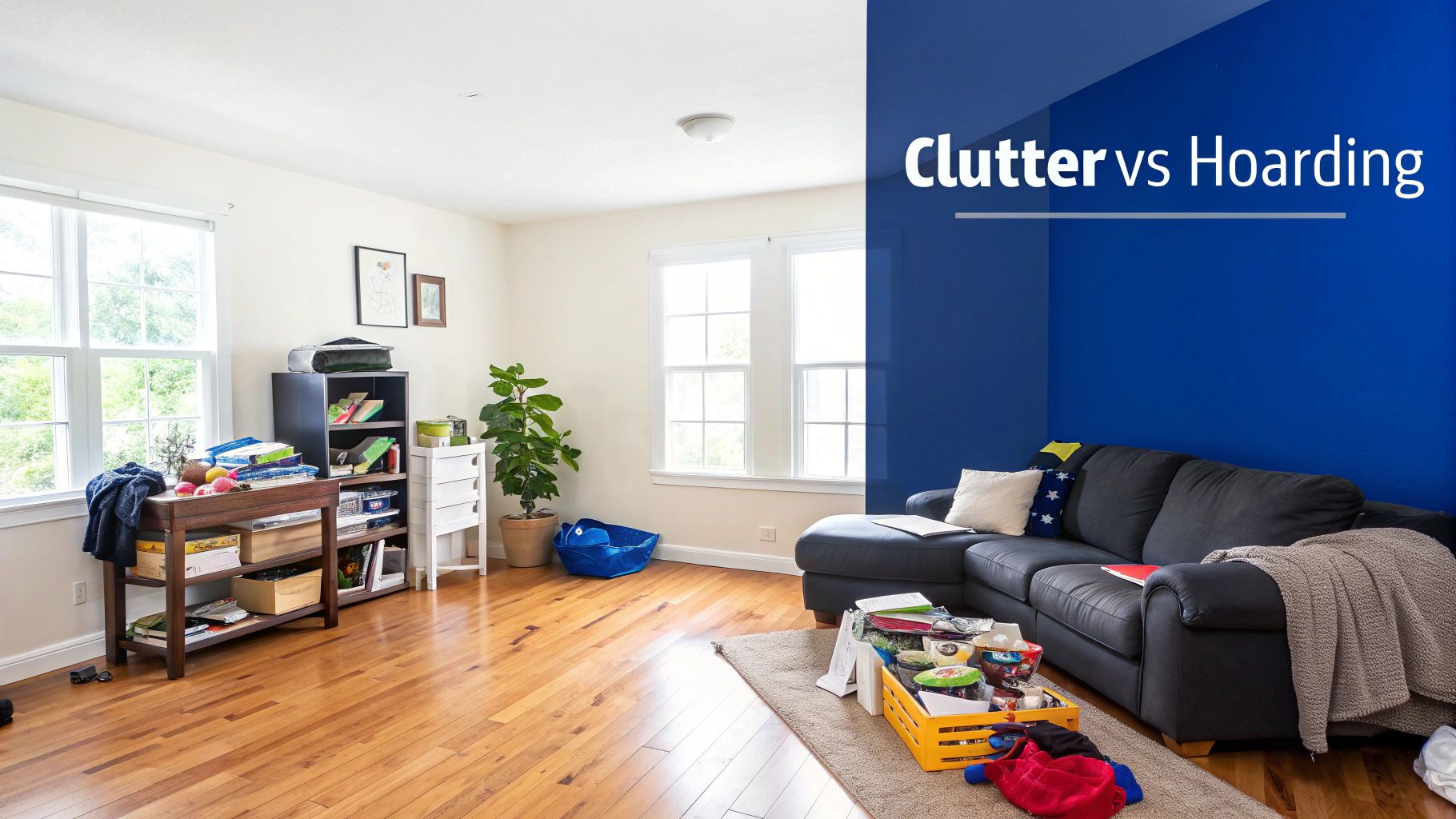 A living room with clutter on shelves and a sofa, illustrating the difference between clutter and hoarding.