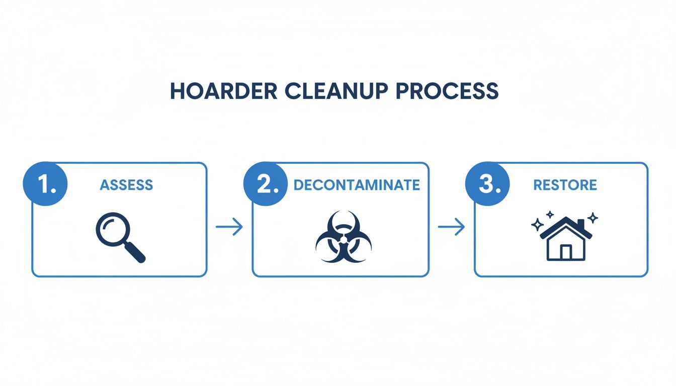 A three-step hoarder cleanup process illustrating assessment with a magnifying glass, decontamination with a biohazard symbol, and restoration with a sparkling house icon.