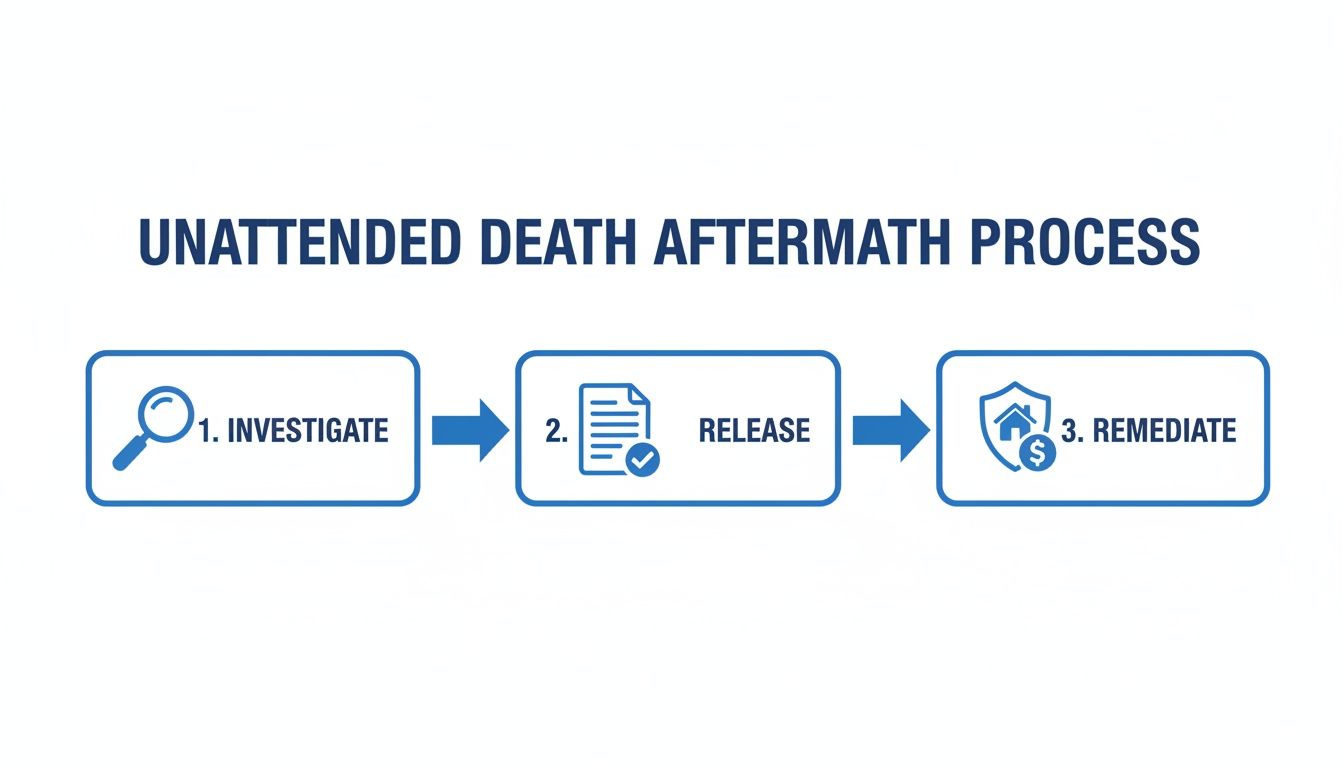 Diagram illustrating the unattended death aftermath process with steps: investigate, release, and remediate.