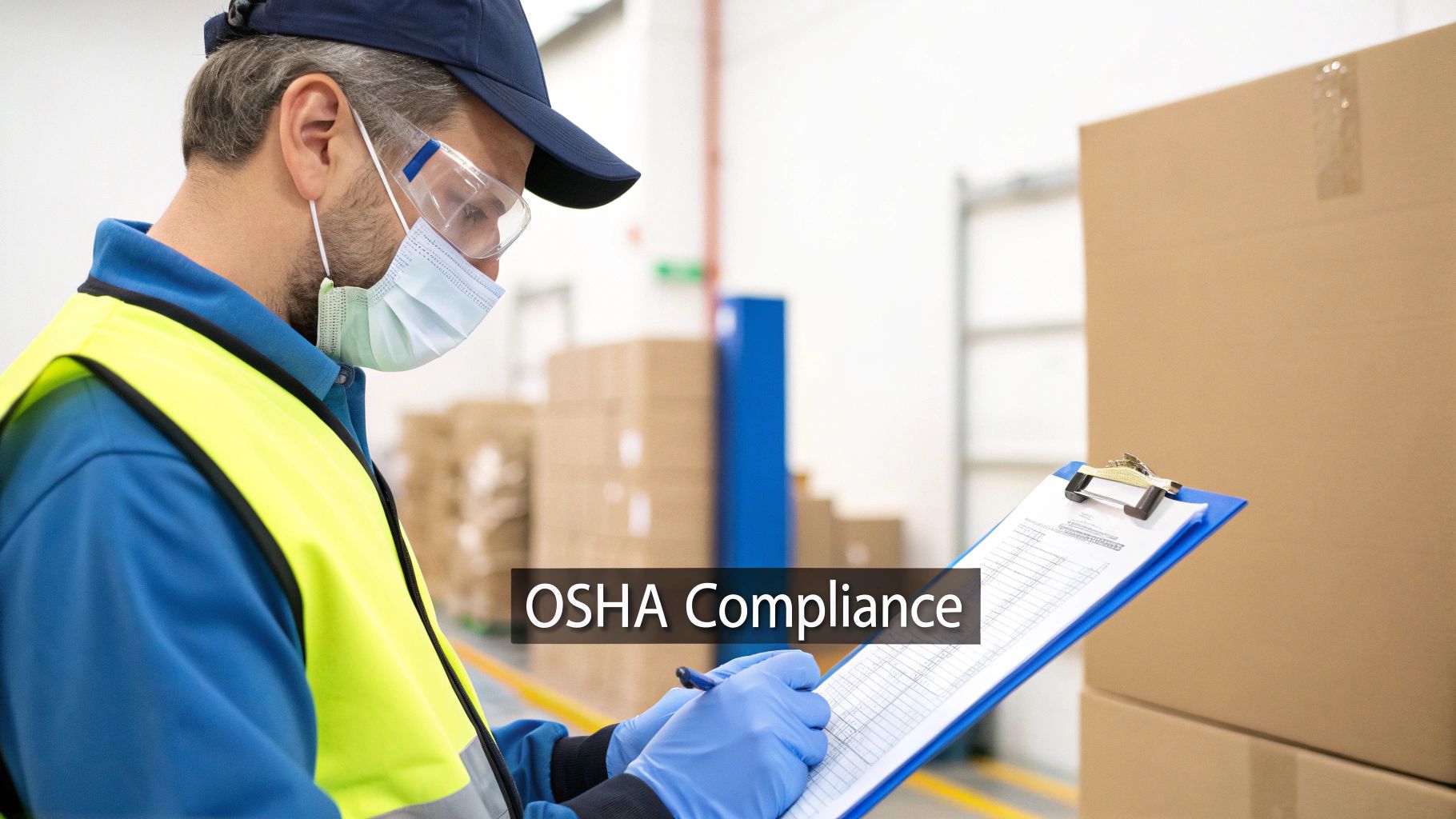 Worker in PPE, including mask and safety glasses, inspecting a clipboard for OSHA compliance in a warehouse.