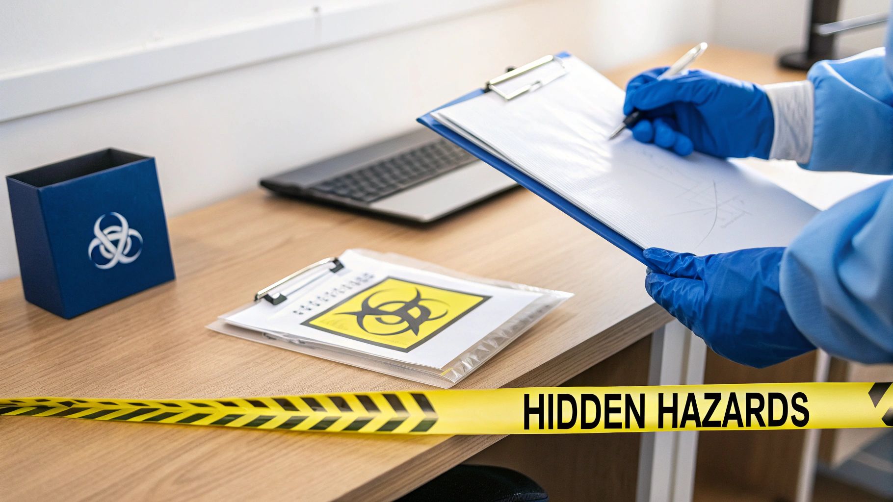 A person in blue protective gear and gloves writes on a clipboard, with biohazard symbols and 'HIDDEN HAZARDS' tape on a desk.