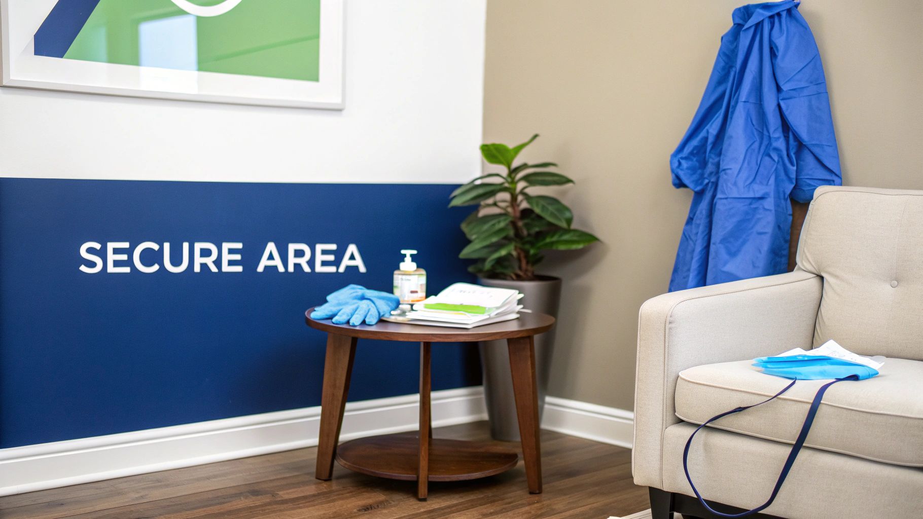 Healthcare waiting area with secure area sign, sanitizer, gloves, mask, and blue gown.