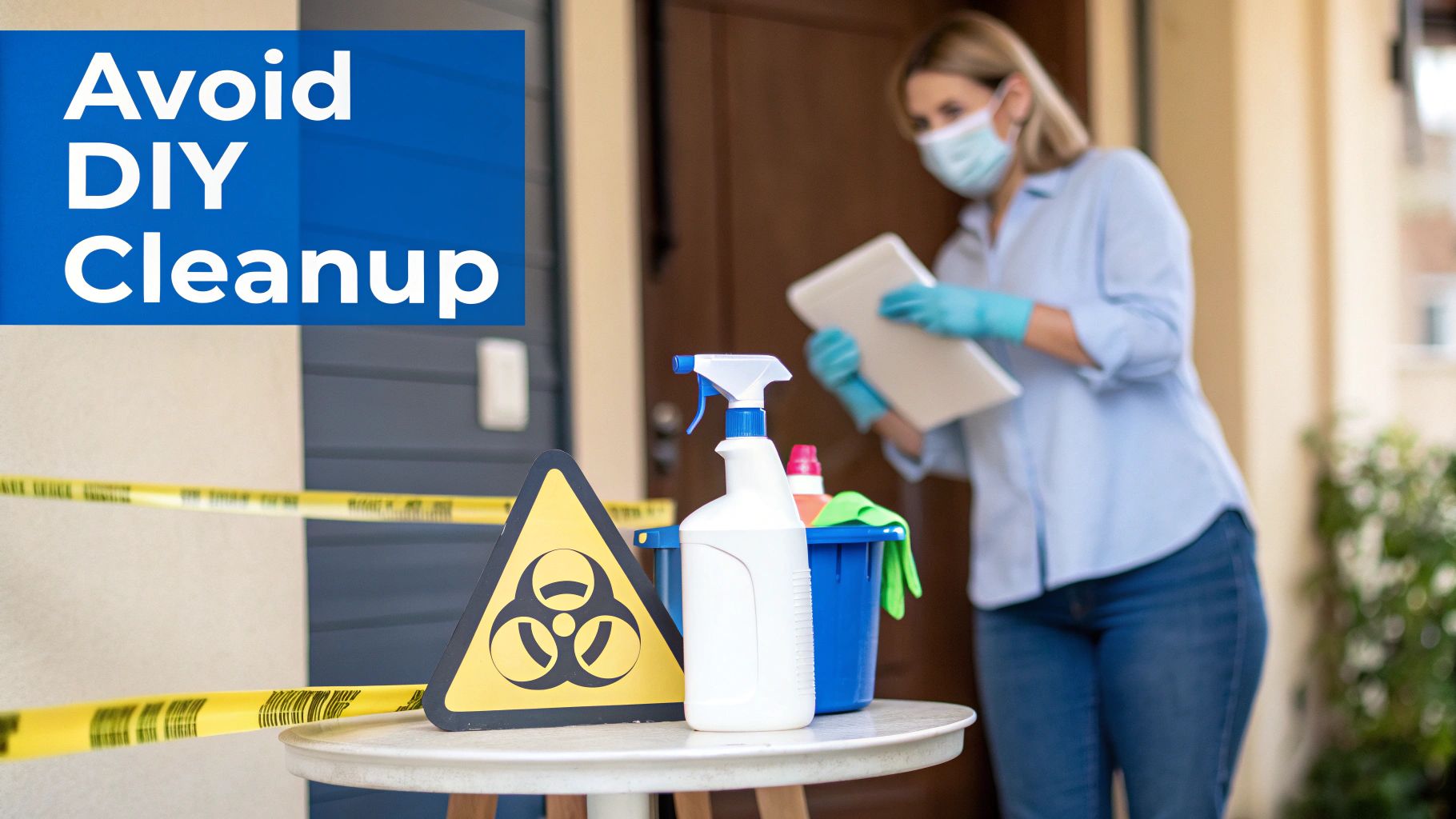 A professional cleaner with mask and gloves, cleaning supplies, and a biohazard sign, advising to avoid DIY cleanup.