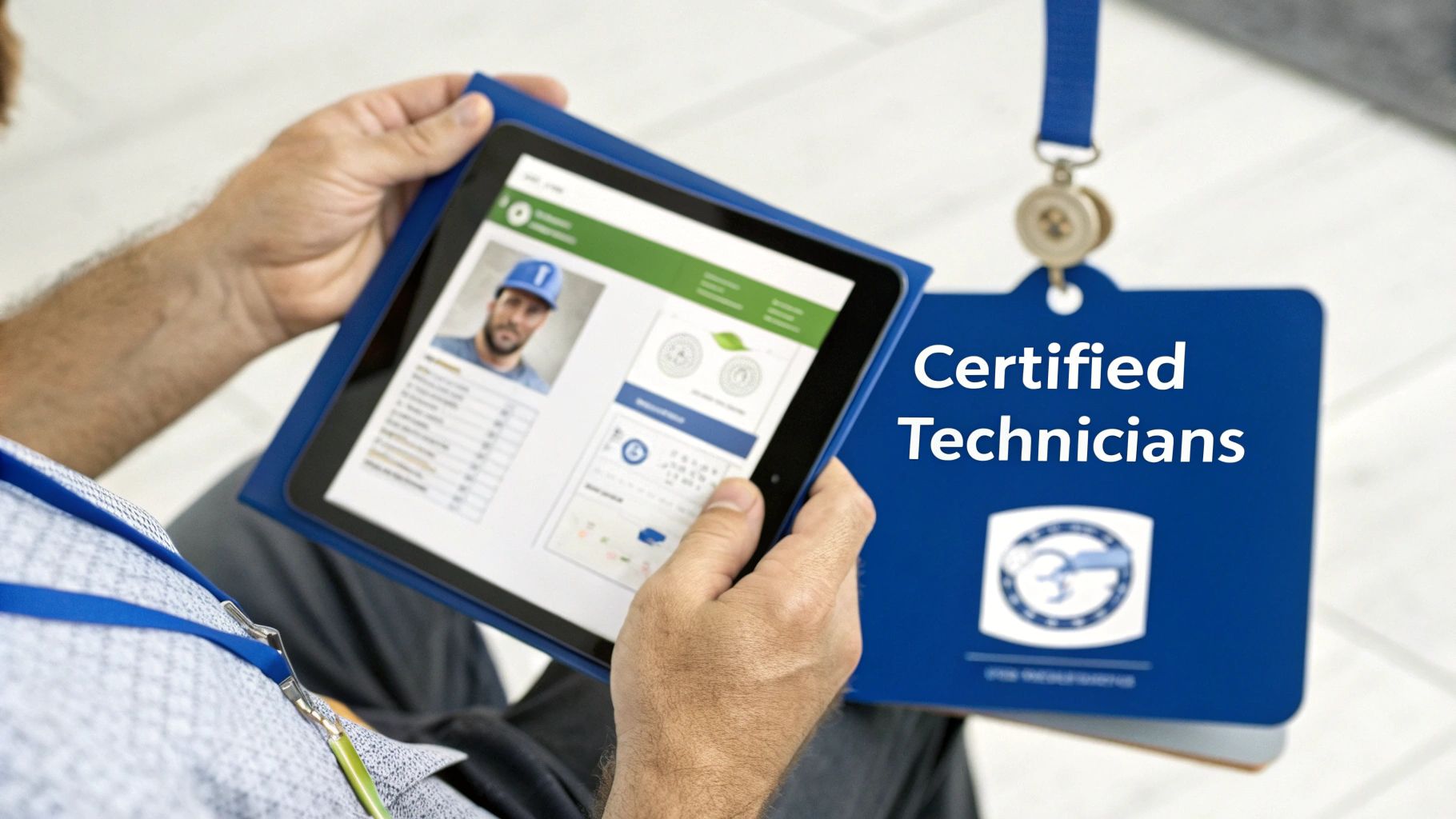 A person views a technician's profile on a tablet next to a "Certified Technicians" sign.