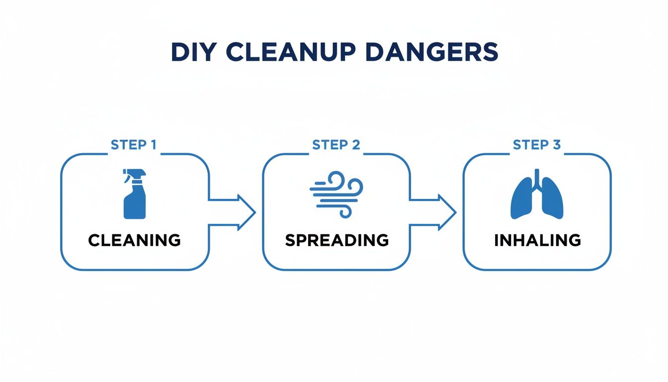 A diagram illustrating the dangers of DIY cleanup, showing cleaning, spreading, and inhaling steps.