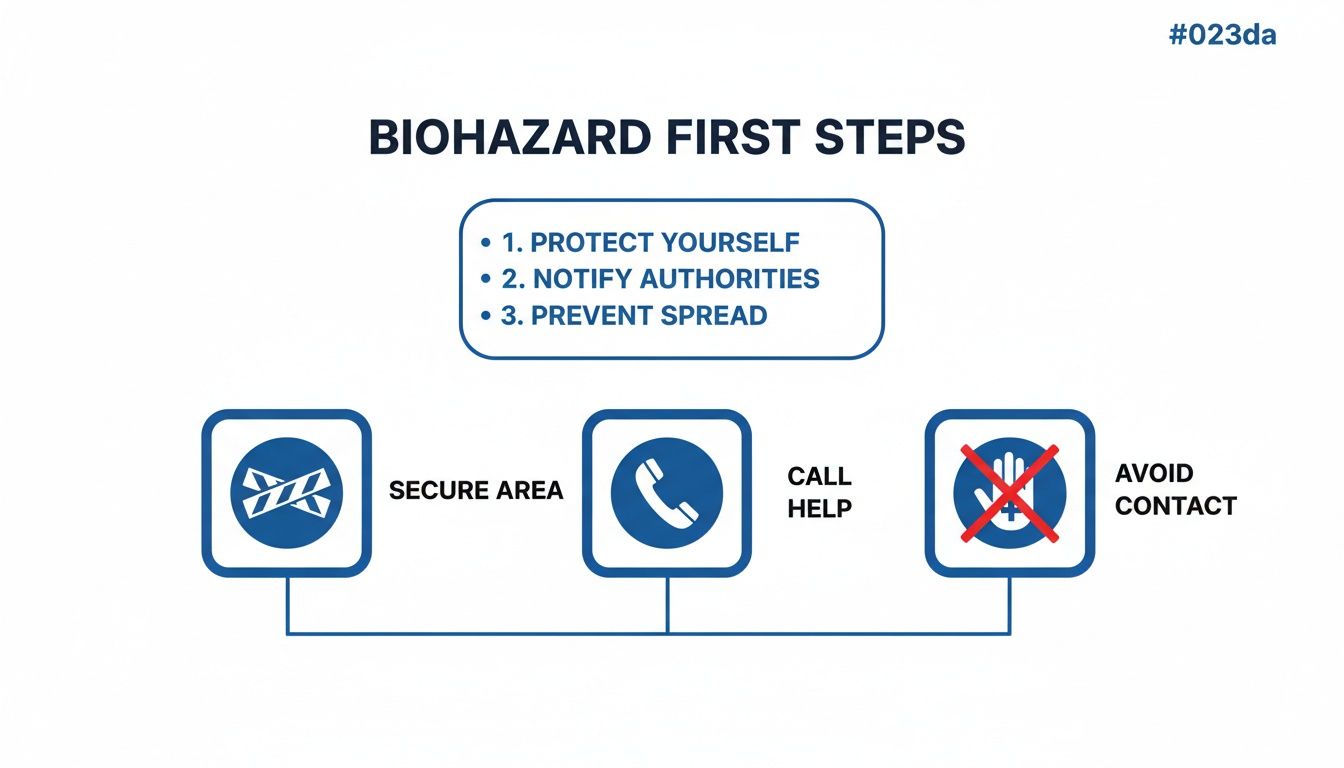 Flowchart outlining biohazard first steps: protect yourself, notify authorities, prevent spread, secure area, call help, avoid contact.