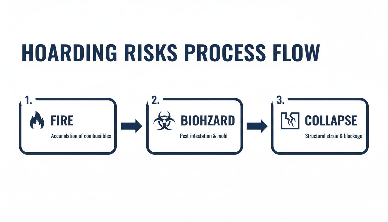 A diagram illustrating the hoarding risks process flow: fire, biohazard, and structural collapse.