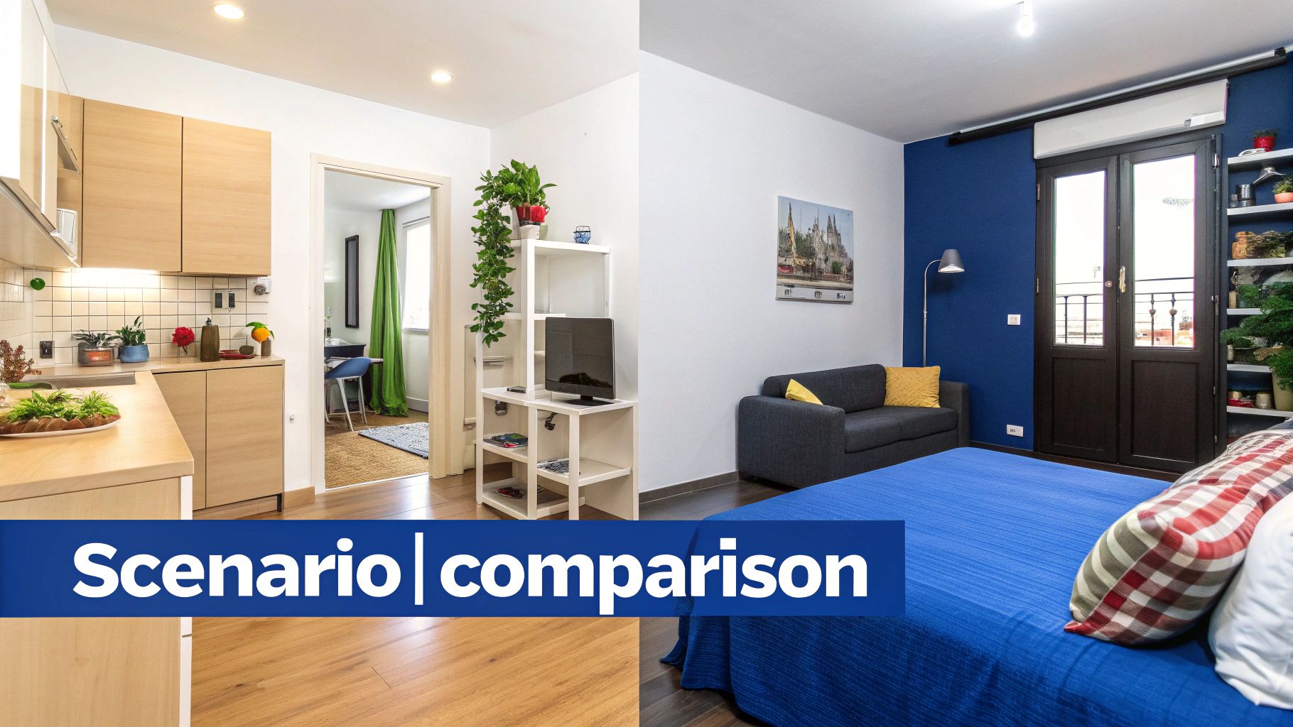 A split image showing a modern kitchen with wooden cabinets and a living room with a blue accent wall, sofa, and bed.