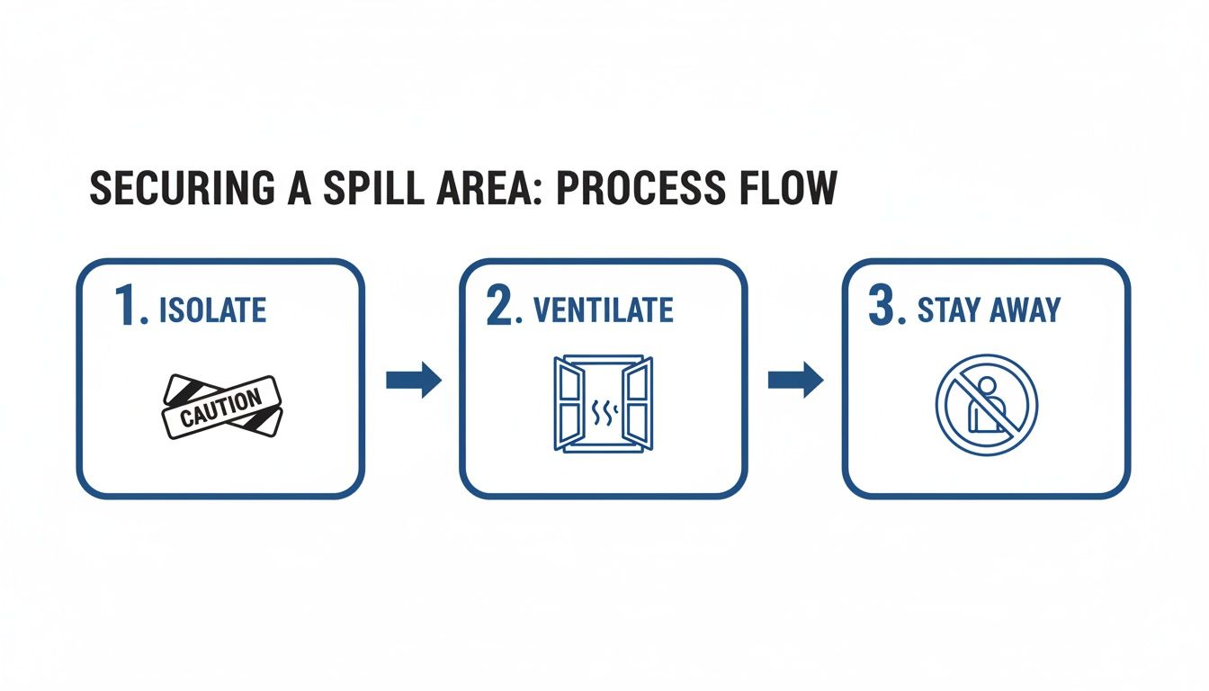 A three-step process flow for securing a spill area: isolate, ventilate, and stay away.